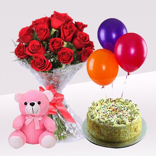 Red Roses Bunch with Vanilla Cake, Balloons   Teddy