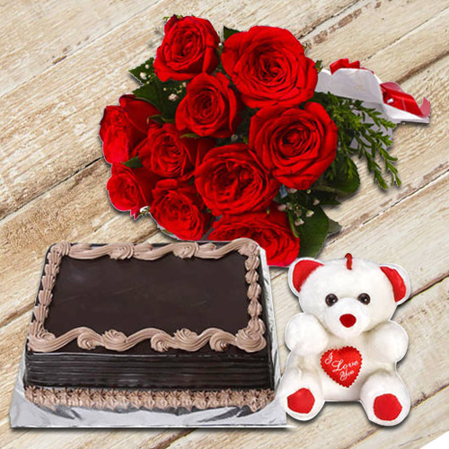 Bright Roses Hand Bunch with Choocolate Cake   Teddy