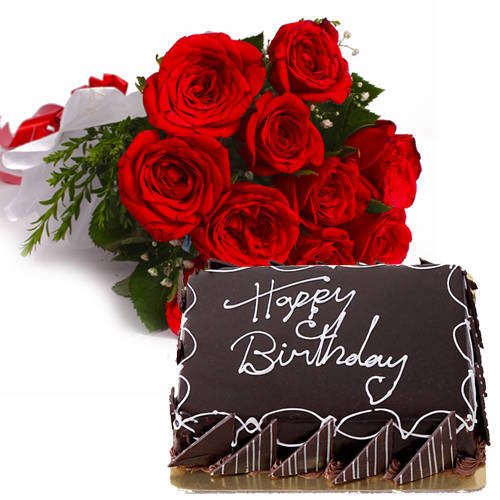 Pristine Bouquet of Red Roses with Eggless Chocos Cake
