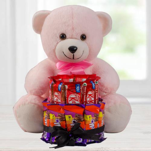 Special Double Deck Chocolate Arrangement with a Pink Teddy