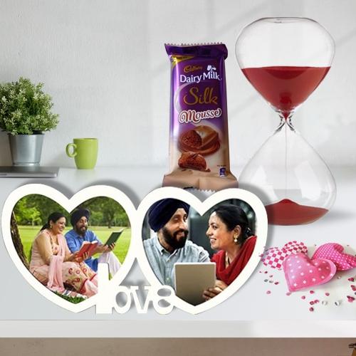 Charming V-Day Combo of Twin Heart Personalized Photo Frame with Chocolate n Love Timer