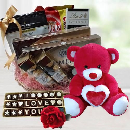Scintillating Delicacies Gift Basket with Chocolate, Rose N Teddy