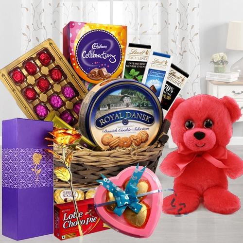Delectable Chocolate Assortments Gift Hamper with Teddy, Lamp N Plant