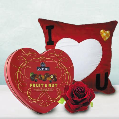 Fantastic Personalized ILU Heart Cushion with Sapphire Heart Chocolate Box n Velvet Rose