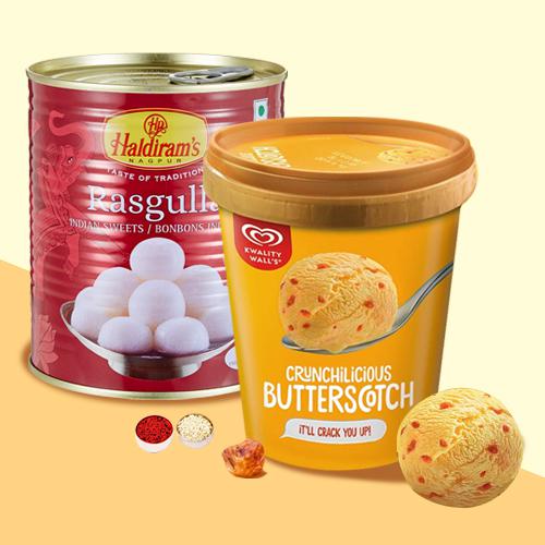 Zesty Kwality Walls Butterscotch Ice Cream with Haldiram Rasgulla