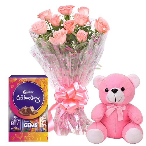 Chocolates with Teddy N Pink Roses
