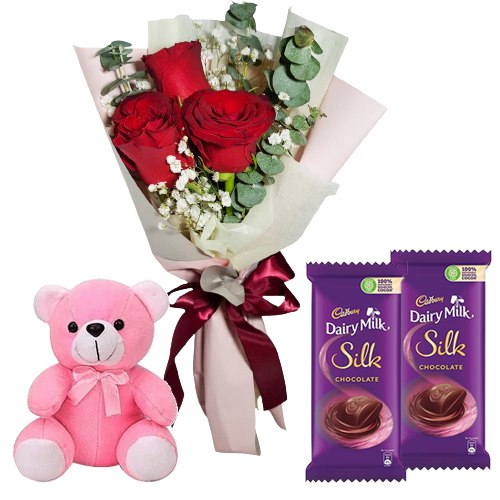 Red Roses with Teddy N Chocos