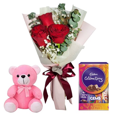 Teddy with Chocolates N Red Roses