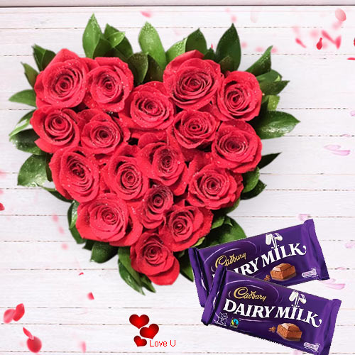 Red Roses in Heart Shape Arrangement with Cadbury Dairy Milk