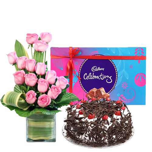Delicious Cake, Pink Roses Arrangement with Cadbury Celebrations
