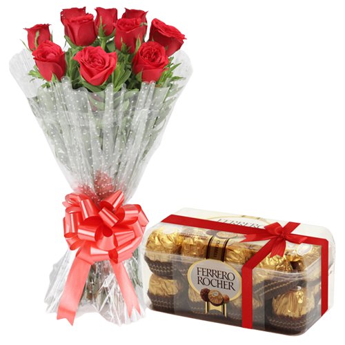 Beautiful Red Rose Bouquet and Ferrero Rocher Chocolate