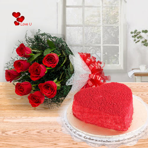 Heart Shape Red Velvet Cake with Red Rose Bouquet for Valentines Day