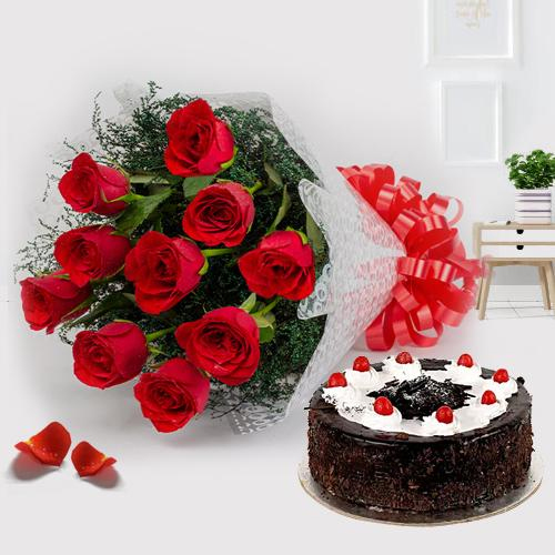Black Forest Cake N Red Rose Bouquet