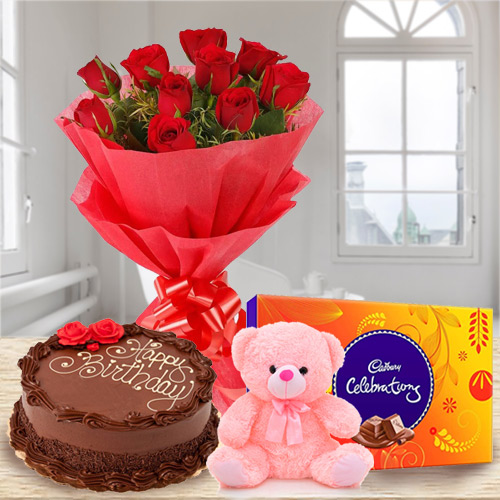 Rose Bouquet with Teddy, Chocolate Cake N Cadbury Celebrations