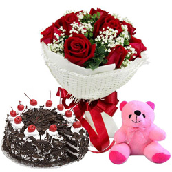 Ravishing Red Rose Bouquet with Black Forest Cake and Teddy