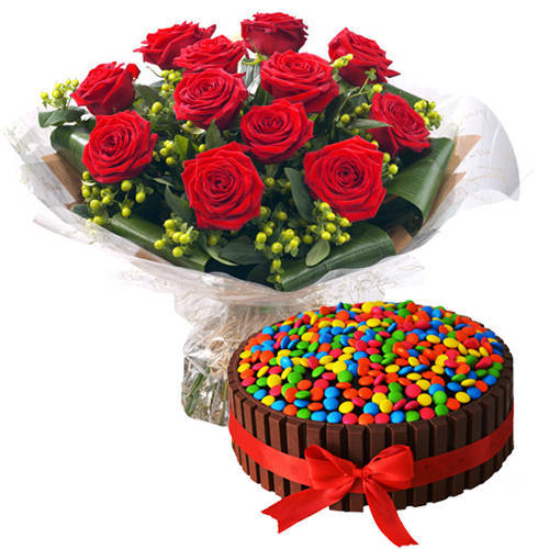 Lovely Bouquet of Red Roses with Kit Kat Cake