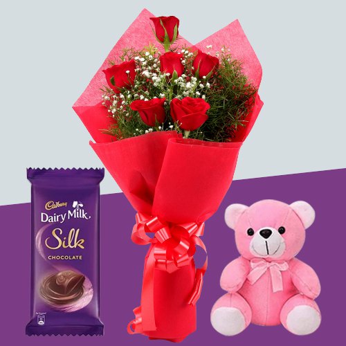 Eye-Catching Red Roses Bouquet with Teddy N Cadbury Dairy Milk Silk