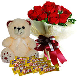 Impressive Bouquet of Red Roses with Cadbury 5 Star N Teddy