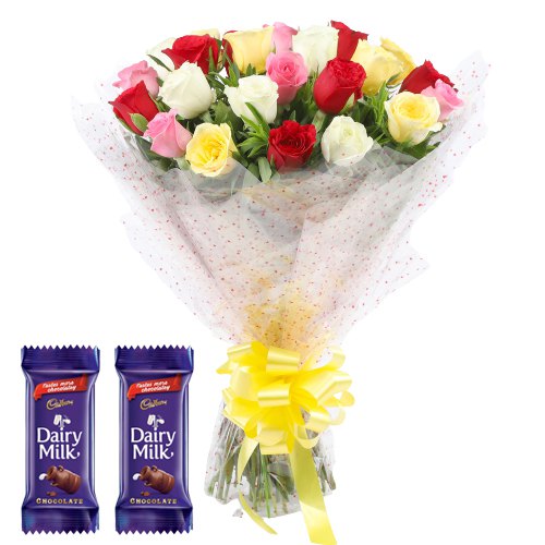 Beautiful Mixed Roses Bouquet with Dairy Milk Crackle