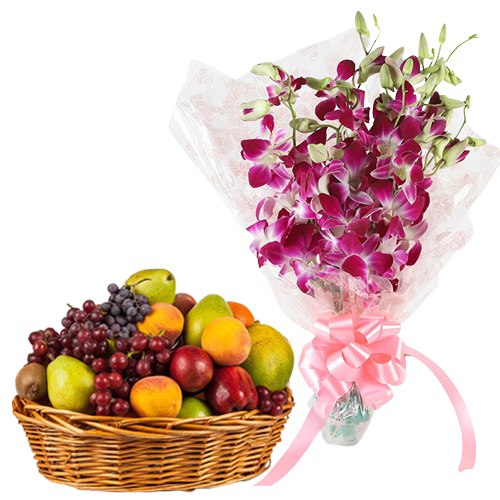 Delicious Fresh Fruits Basket with Fragrant Orchids Bouquet