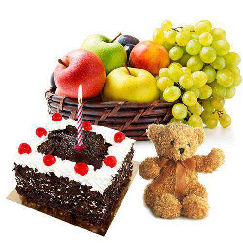Delightful Fresh Fruits Basket with Teddy, Candles and Black Forest Cake