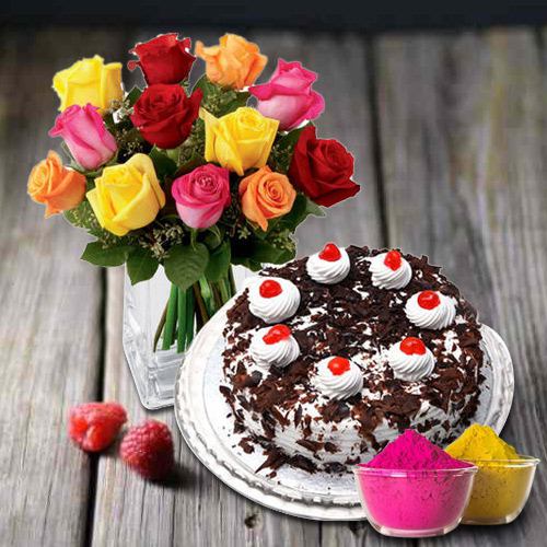 Exclusive multicolor Roses with yummy Black Forest Cake from 5 Star Bakery
