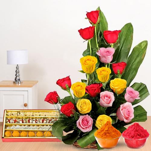 Admirable colorful mixed Roses and palatable assorted Sweets