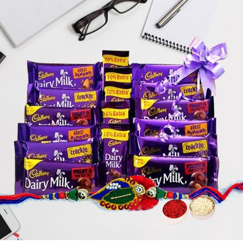 Assorted Cadbury Chocolates with Twin Rudraksha Rakhi