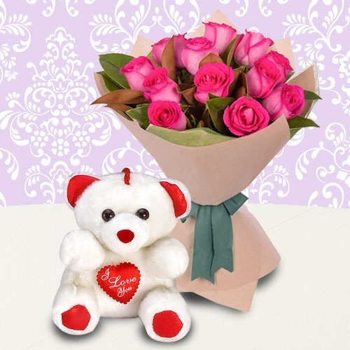 Eye-Catching Small Teddy Bear and Roses for Mom
