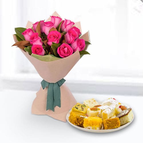 Gift of Pink Roses Bouquet with Mixed Sweets Box