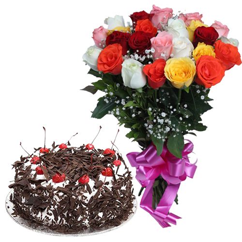 Chromatic mixed Roses bunch with mouthwatering Black Forest Cake