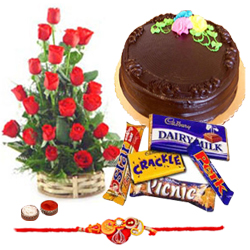 Delicious Cake of 1 Lb., Chocolates, 24 Red Roses and a Rakhi
