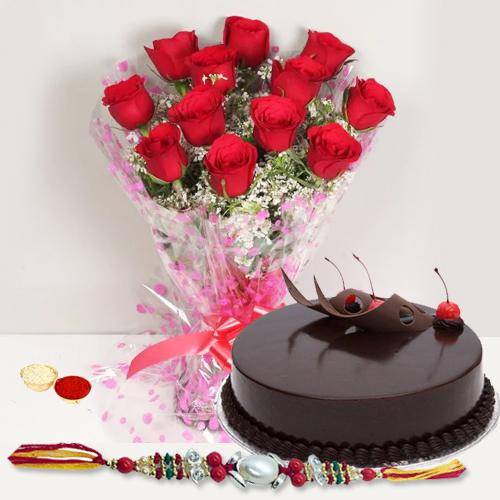 Fabulous Gift of Ambrosial Eggless Cake accompanied with Lovely Arrangement of 12 Red Roses