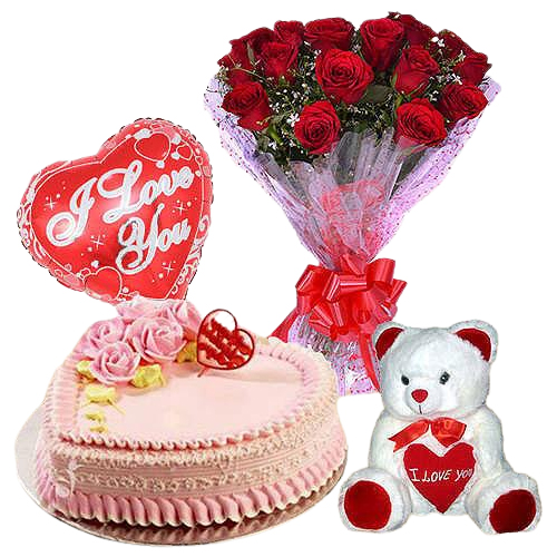 12 Exclusive Dutch Red Roses  Bunch with Cute Teddy Bear, Love Cake 1 Lb and  Heart Shaped Balloons