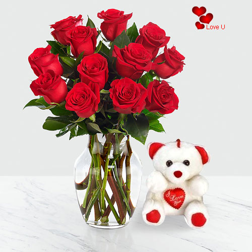 12 Dutch Red Roses in Vase with a Cute Teddy Bear
