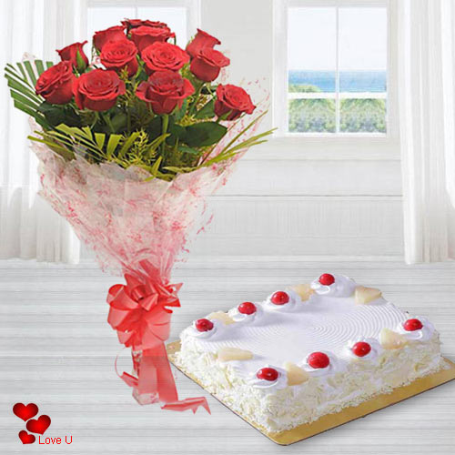 Dutch Red Roses with 1 Kg. Eggless Cake