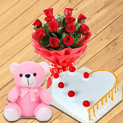Dutch Roses with Teddy N Heart Shaped Cake