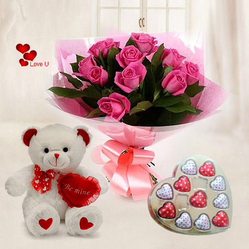 Soft Pink Roses with Heart Shape Chocolates n Teddy Bear