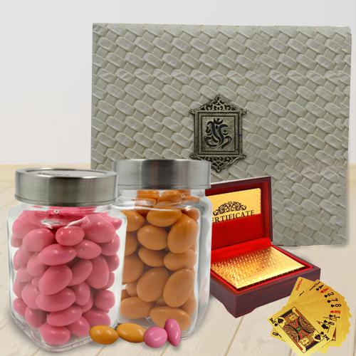 Lovely Kesar n Paan Flavored Almond Box with Golden Playing Cards