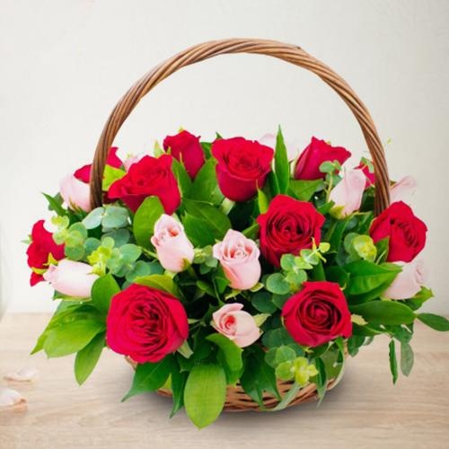 Classic Arrangement of 18 Pink and Red Roses for Mom
