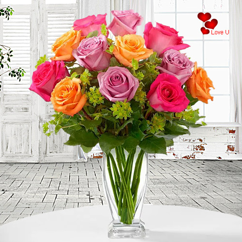 12 Assorted Colour Roses in Vase