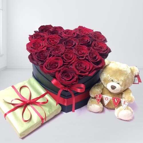Marvelous Red Roses Heart Shaped Box with Cute Teddy