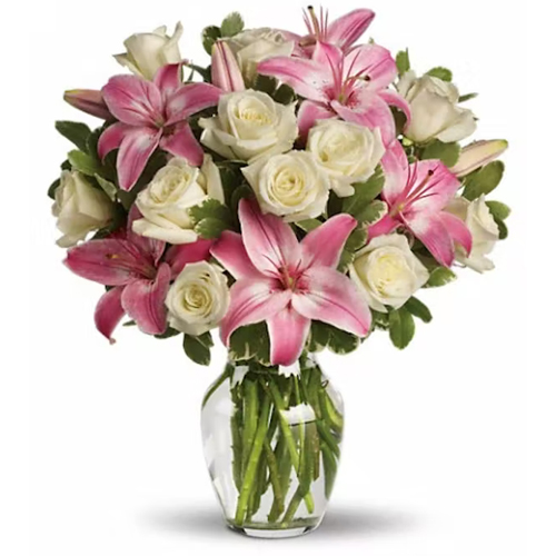 Elegant Lilies N Roses in Glass Vase