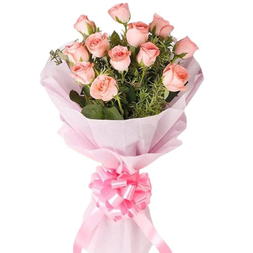 Bouquet of 8 Pink Roses with Tissue Wrapping