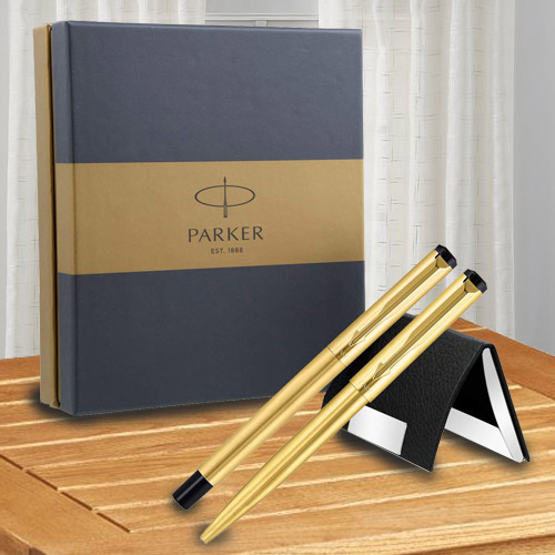 Luxury Gift Set of Parker Vector Gold Trim Roller n Ball Pen with Visiting Card Holder