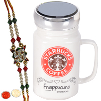 Star Bucks Printed Coffee Mug with Designer Rakhi with Roli Tilak and Chawal