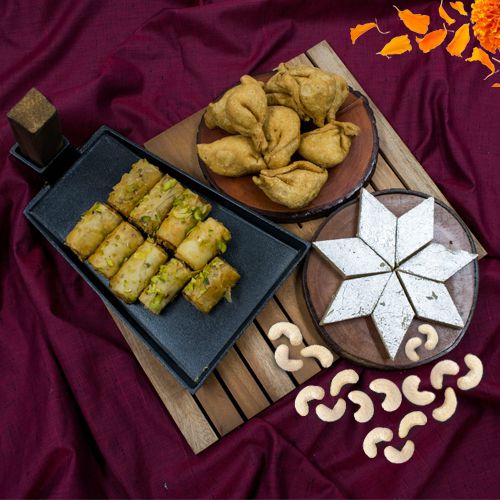 Blissful Combo of Haldiram Kaju Barfi n Roll Baklawa with Snacks