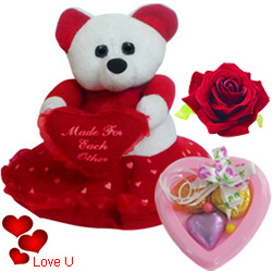 Delightful Teddy Bear with Heart with 3 pcs Heart Homemade Chocolate