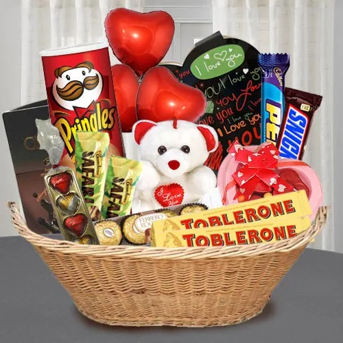 Exquisite Basket of Chocolates with Teddy N Balloons