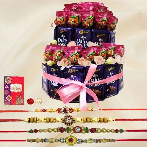 Wholesome Explosion of Taste Chocolate Arrangement with Free 4 Rakhis and Roli Tilak Chawal